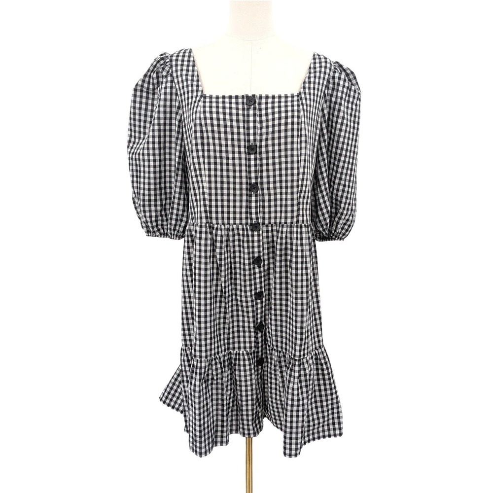 Cottagecore Gingham Cotton Babydoll‎ Dress Puff Sleeve Tiered L NWT
